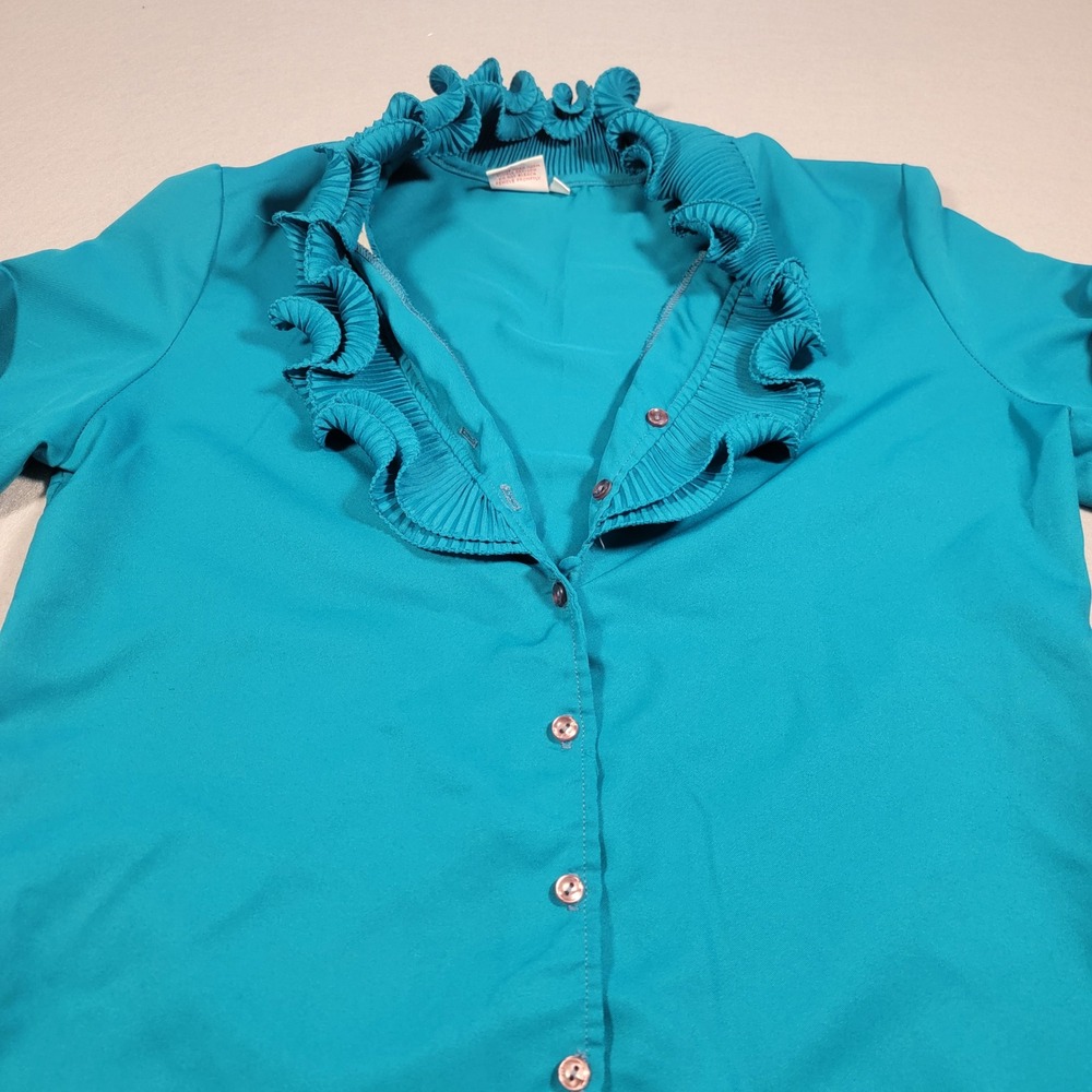 Vintage 80s Ruffle Collar Long Sleeve Blouse Styled by Sybil Top Teal Size‎ 12